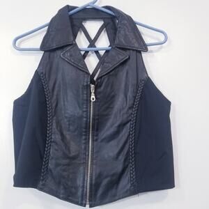 Vintage Diamond Plate  Black  Genuine Leather Biker Vest Halter Crop Top Zip Up